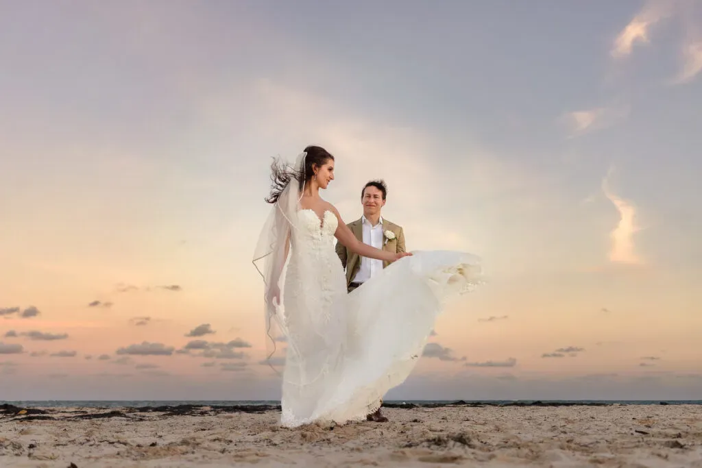 Beach wedding photography Cancun couple sunset Riviera Maya destination wedding photographer Mexico romantic portrait