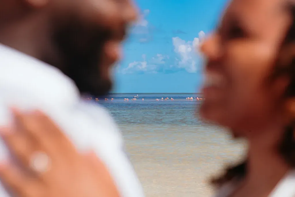 Creative engagement photo with couple blurred in foreground and flamingos in the ocean in Cancun