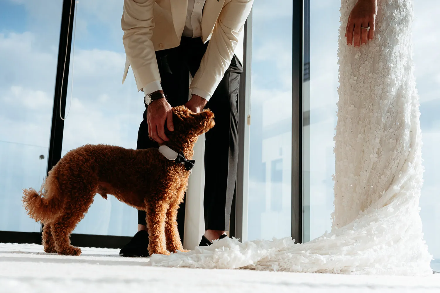 Bride and groom with dog at luxury Cancun wedding venue with ocean views in Riviera Maya Mexico destination wedding