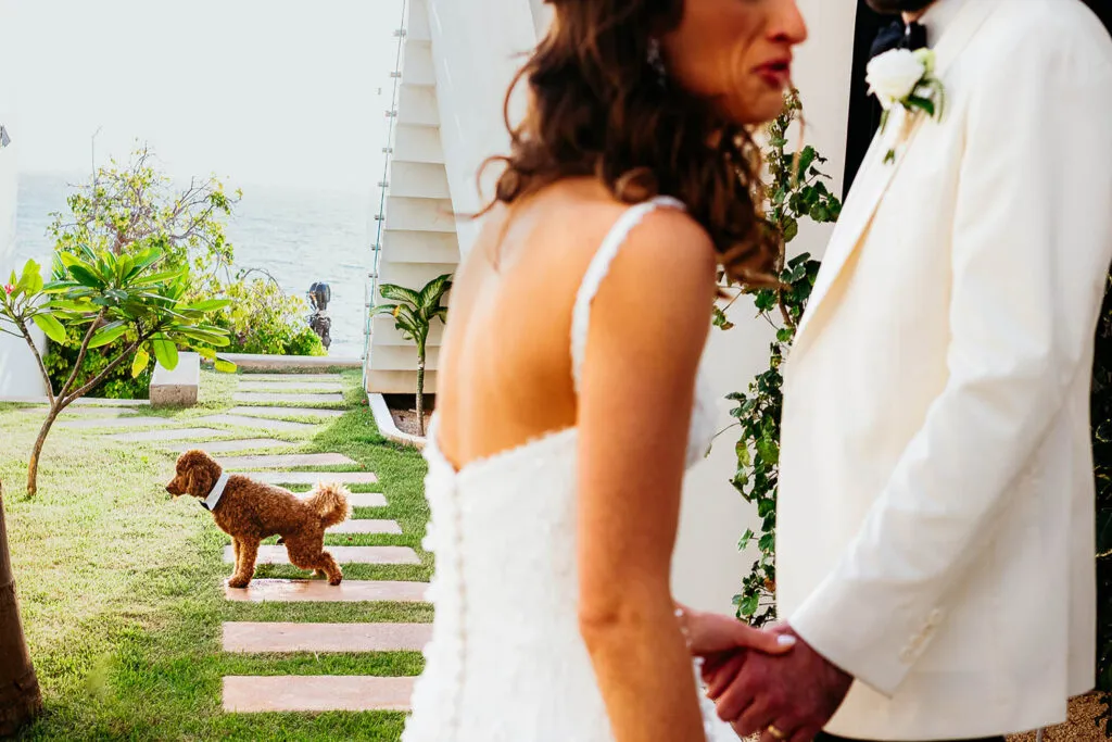 Bride and groom wedding ceremony at luxury Riviera Maya resort with tropical garden and ocean views in Cancun Mexico