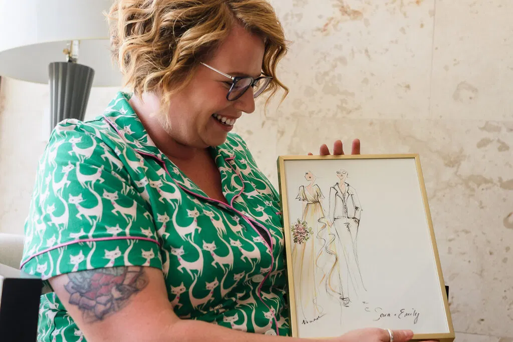 LGBTQ couple celebrates same-sex wedding at Rosewood Mayakoba with custom illustration in Cancun Riviera Maya Mexico