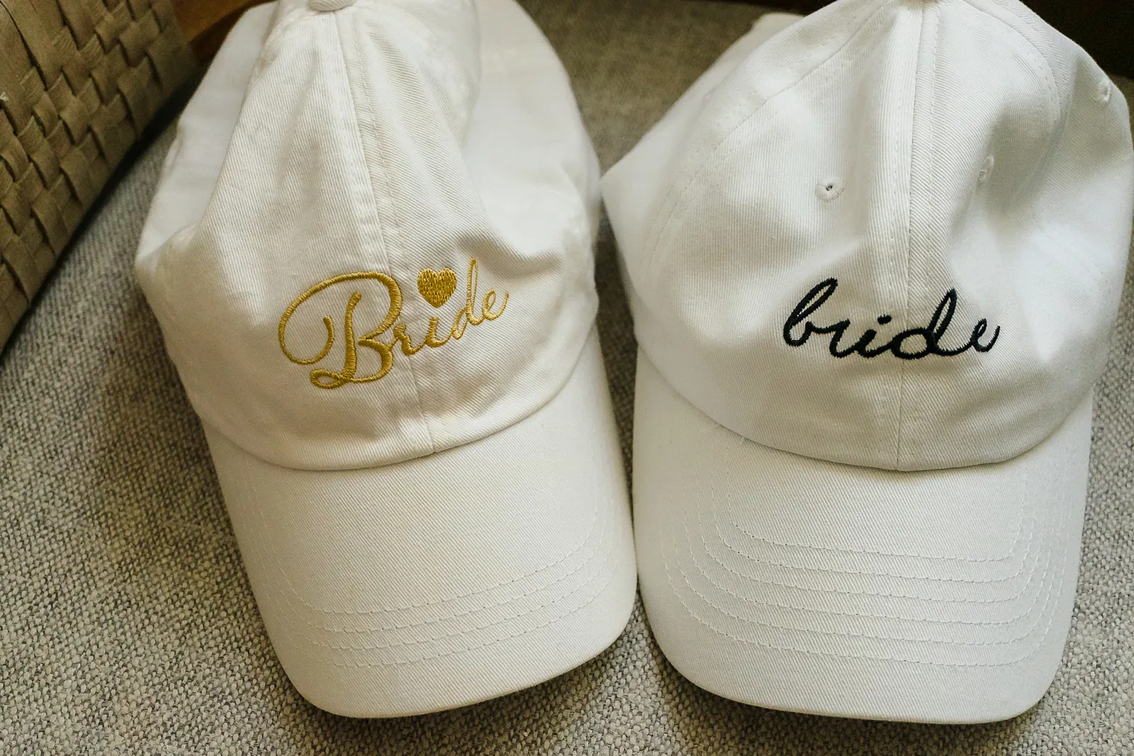 Wedding day bride baseball caps with gold embroidery for same-sex beach wedding in Cancun Mexico